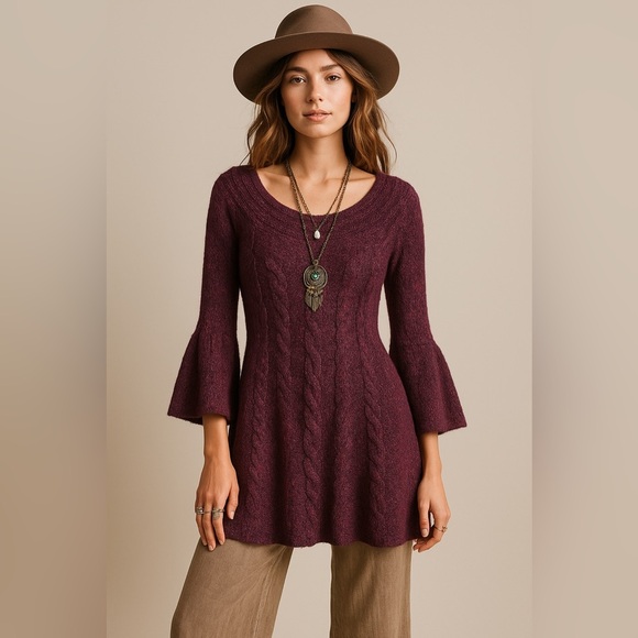 Free People Women Size XS Purple Cable Knit 3/4 Bell Sleeve Tunic Sweater Dress - Picture 1 of 7
